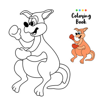 Coloring book page funny cartoon smile boxing kangaroo. Educational game for kids and children. Vector illustration