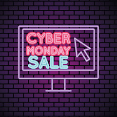 cyber monday sale neon light with desktop in wall