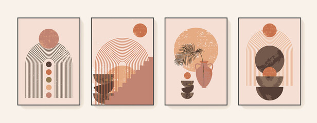 Minimalistische Wandkunst. Abstrakte geometrische Drucke für boho-ästhetisches Interieur. Wanddrucke für Wohnkultur. Gebranntes Orange, Terrakotta-Farben. Sonne, Regenbogen und Tontöpfe. Zeitgenössischer künstlerischer druckbarer Vektor © babayuka