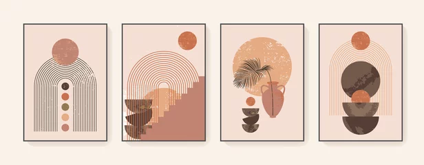 Minimalistische Wandkunst. Abstrakte geometrische Drucke für boho-ästhetisches Interieur. Wanddrucke für Wohnkultur. Gebranntes Orange, Terrakotta-Farben. Sonne, Regenbogen und Tontöpfe. Zeitgenössischer künstlerischer druckbarer Vektor © babayuka