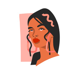 Hand drawn vector abstract stock flat graphic illustration with ethnic tribal beautiful woman portrait in simple trendy fashion style ,isolated on white background