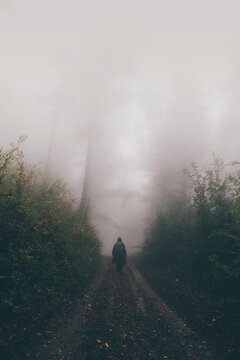 Scary man in haunted Halloween forest