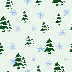 Seamless pattern with snow trees and falling snowflakes. Vector illustration for wrapping paper, background, wallpaper.