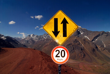 contraflow lane traffic sign or road sign anden Patagonia