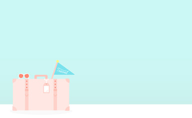 旅行イメージ素材（パステルカラー）- 日本のGO TO トラベルキャンペーン - シンプルでかわいいピンクのレトロな旅行かばんと水色フラッグ
