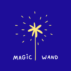 vector image of magic wand. poster, placard or element for postcard. yellow magic wand on a blue background.