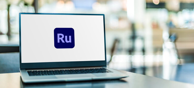 Laptop computer displaying logo of Adobe Premiere Rush