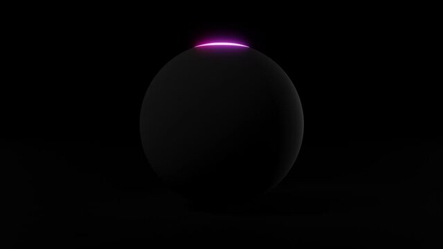 Ring of light traveling up a black sphere. Abstract 3d animation.