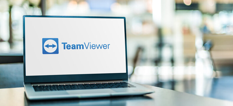 Laptop computer displaying logo of TeamViewer
