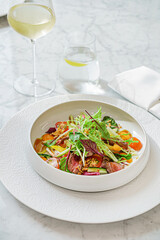 salad with beef in the restaurant