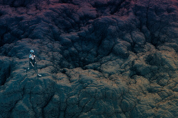 Sci-fi scene of cybor woman arriving on a new planet, to explore it.