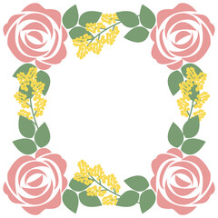 Frame with beautiful pink roses and mimosa sprigs. Background. Frame isolated on white background for your design. Vector illustration