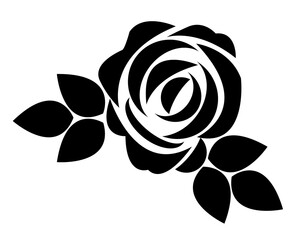 Silhouette of a simple flower with leaves. Rose isolated on a white background. Tattoo. Vector illustration