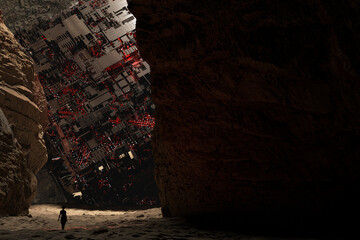 A cyber cube structure, fallen in the canyon.