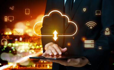 Cloud computing technology and online data storage for global data sharing. Computer connects to...