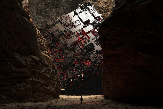 A cyber cube structure, fallen in the canyon.