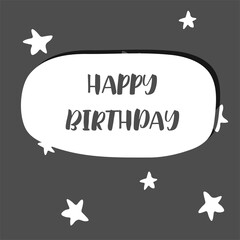 black and white birthday greeting card template, dark background with white stars and hand lettering