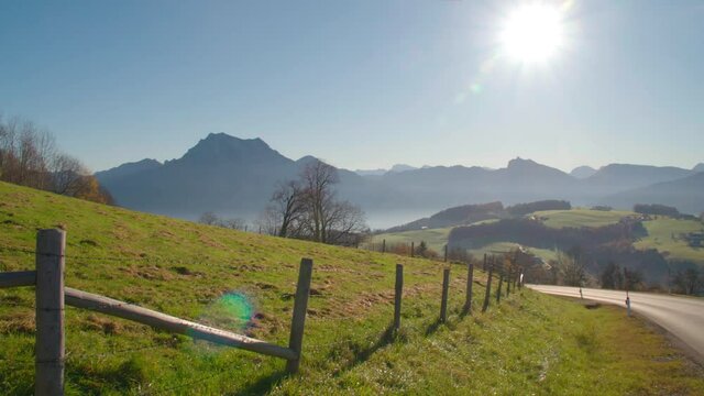 landscape with fence, Traunstein and Traunsee