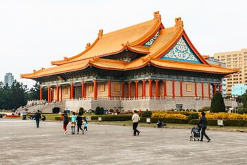 Taipei, Taiwan. Dec 31, 2017: National Theater Hall of Taiwan by the main gate on the right at National Taiwan Democracy Square of Chiang Kai-Shek Memorial Hall, travel destination in Taipei, Taiwan.
