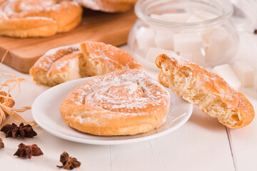 Sweet pastry swirls. - 394132072