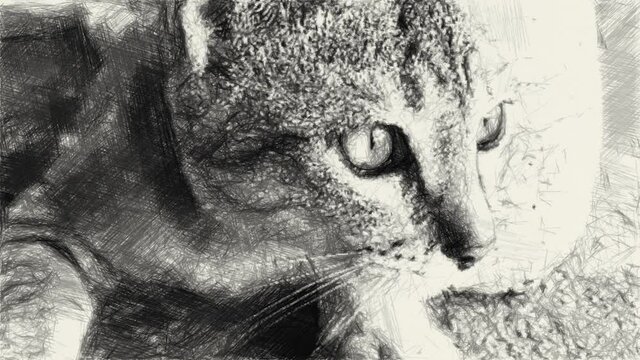 art drawing black and white of cute cat