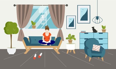 young girl sitting in lotus position on the sofa, a woman reading a book while sitting in the living room, vector image in flat style
