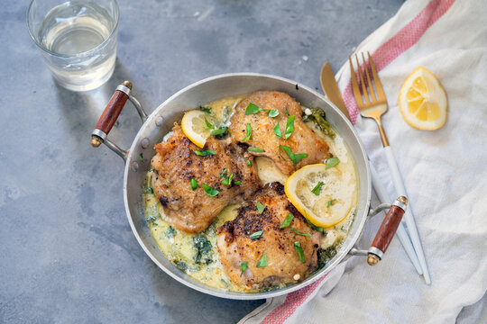 Creamy chicken thighs with herbs, garlic and parmesan.