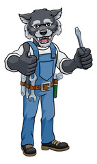 A wolf electrician, handyman or mechanic holding a screwdriver and giving a thumbs up