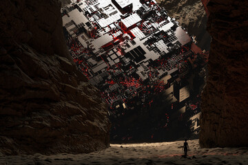 A cyber cube structure, fallen in the canyon.