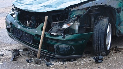 Obraz na płótnie Canvas Close up wrecked car, car accident . High quality photo