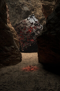 A cyber cube structure, fallen in the canyon.