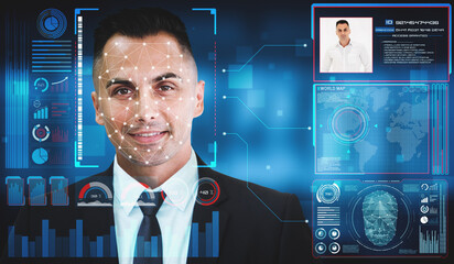 Facial recognition technology scan and detect people face for identification . Future concept interface showing digital biometric security system that analyze human face to verify personal data .