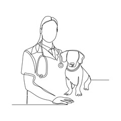 Continuous line drawing of young female veterinarian examining and take care of a sick dog. One line art concept of et health care service. Vector illustration