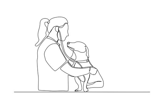 Continuous line drawing of young female veterinarian examining and take care of a sick dog. One line art concept of et health care service. Vector illustration