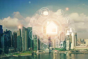 Double exposure of buildings hologram over cityscape background. Concept of smart city.