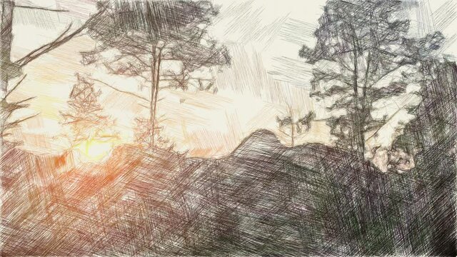 art drawing color of sunset in nature garden