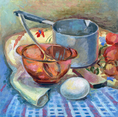 Oil painting. Rustic still life. Dishes on the table.
