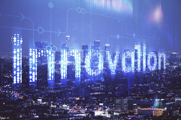 Fototapeta premium Data theme hologram drawing on city view with skyscrapers background double exposure. Ai concept.
