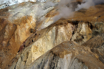 Mutnovsky volcano. Steaming fumaroles in the crater of the active volcano