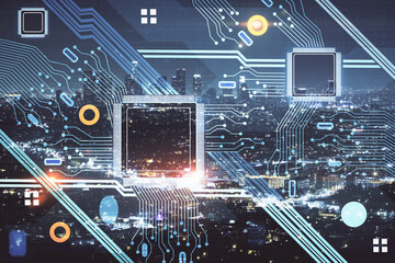 Data theme hologram drawing on city view with skyscrapers background multi exposure. Ai concept.