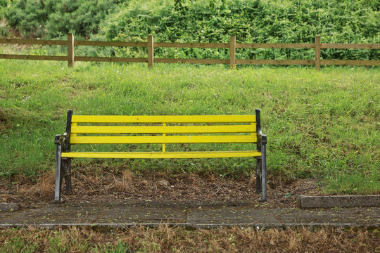 Old yellow wooden bench in a shady area of the garden or the park