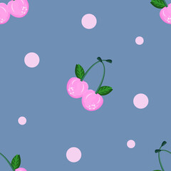 Seamless pattern with cherries and circles. Pink cherry or cherry berries in an endless pattern. Vector illustration..