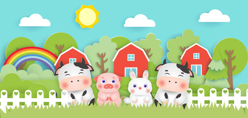 Obraz na płótnie Canvas Scene with cute farm animals in the farm paper cut style.