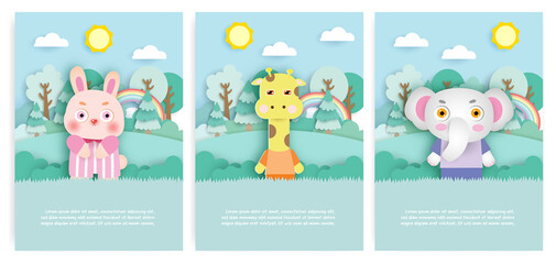 Set of birthday cards with cute rabbit , giraffe and elephant in the forest in paper cut style.