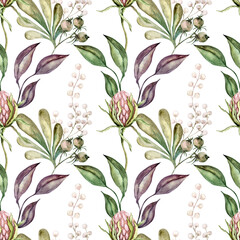 watercolor pink flowers and green, purple leaves hand drawn on white seamless background, for use in design, textiles, wrapping paper, stationery, wallpaper