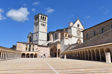 Empty courtyard of the Basilica di San Francesco, Assisi, Italy.