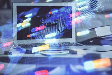 Multi exposure of desktop computer and technology theme hologram. Concept of software development.