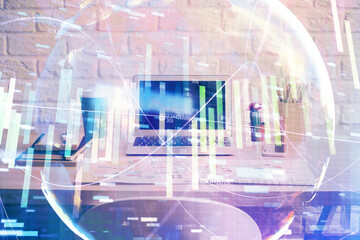 Multi exposure of business theme icons and work space with computer background. Concept of success.