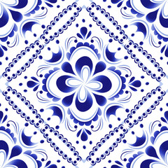 Seamless floral stylized pattern made in the technique of Russian folk art Gzhel.	
