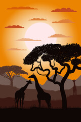 Silhouette of giraffes of the African savannah. Scenery. Africa. Colorful vector illustration. Wildlife.